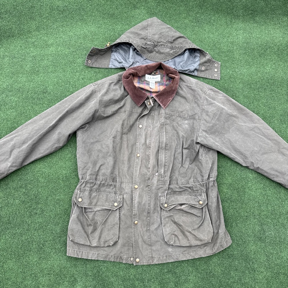 VTG LL Bean Barn Coat Olive Green Canvas Plaid Lined Chore Jacket XL W / HOOD